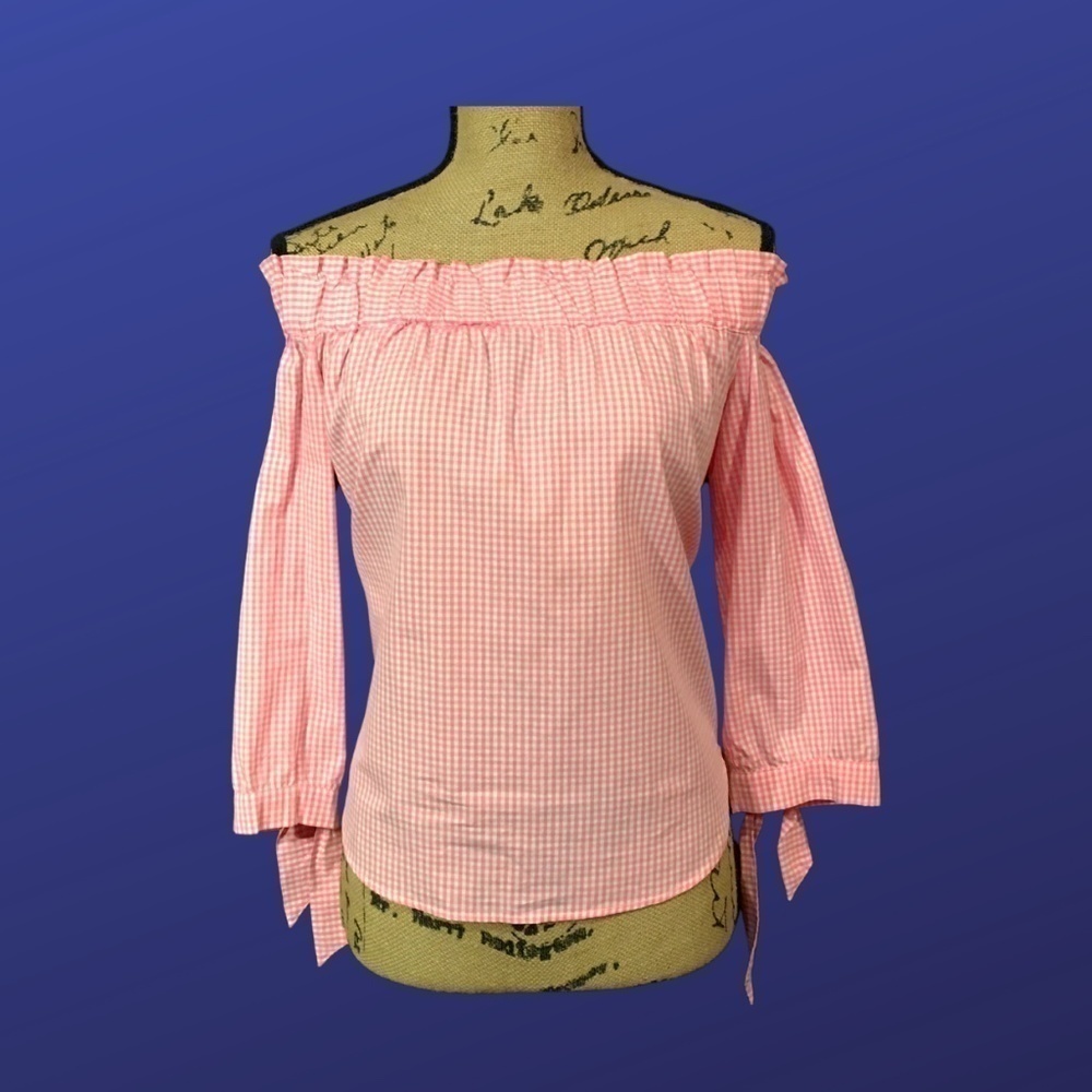 H & M DIVIDED Off Shoulder Peasant Top, PINK GINGHAM, Women's Small, NWOT